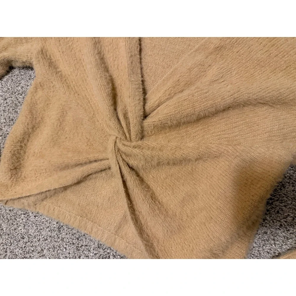 Women Fuzzy Twist Front V-Neck Cropped Sweater Camel‎ Tan Long Sleeve Knit Top